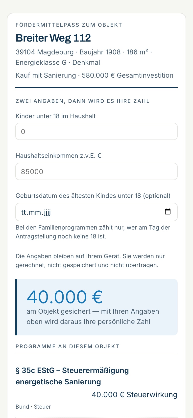 Die Ansicht, die der Interessent nach dem Scan auf seinem Telefon sieht.